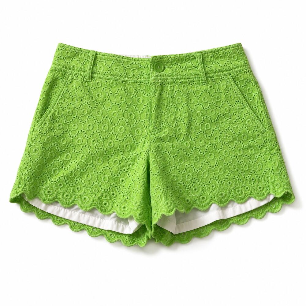 Lilly Pulitzer Eyelet Shorts Green Scalloped Hem Cotton Lined Size 00